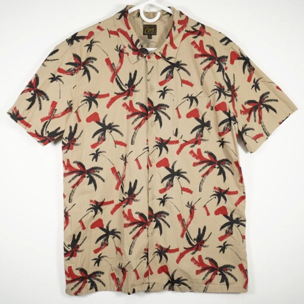 Obey Men's M Brown Floral Palm Tree Gulf Woven Short Sleeve Button Down